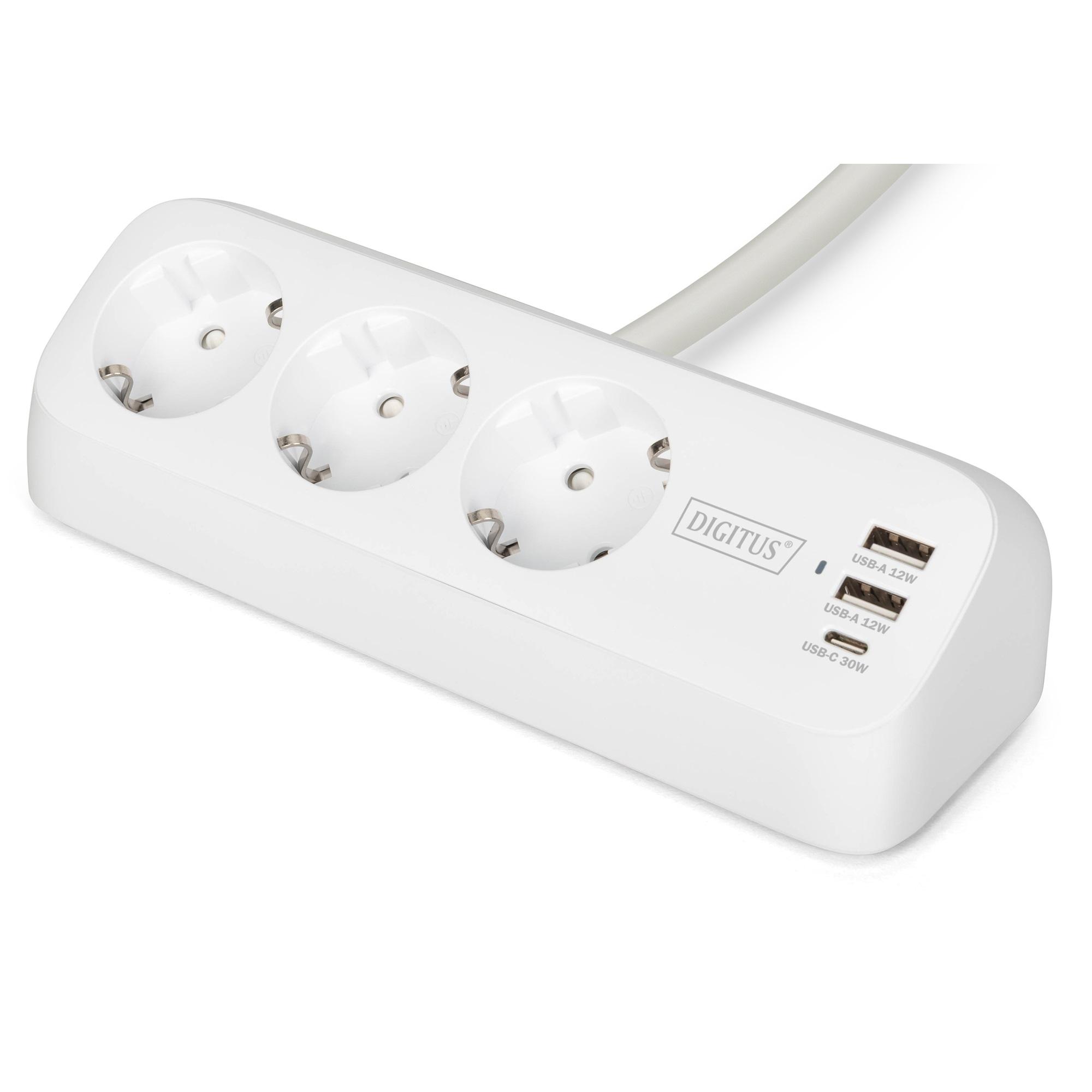DIGITUS DA-70626 :: Разклонител за монтаж на плот, 3 x Schuko, 2x USB-A, 1x USB-C, бял, 1.5м