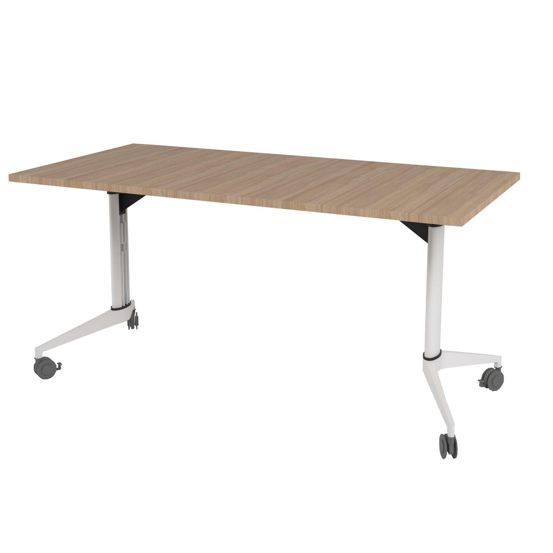 Конферентна маса RFG Flip, 160 x 80 x 74 cm, мобилна, сгъваема, правоъгълен плот, ПДЧ 25 mm, кехлибарен дъб, бели метални крака