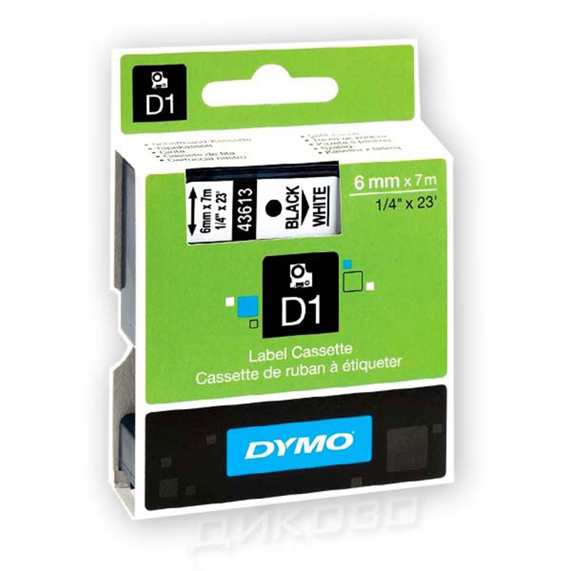 Dymo Лента S0720780 D1 43613, 6 х 7 m, черни букви/бял фон