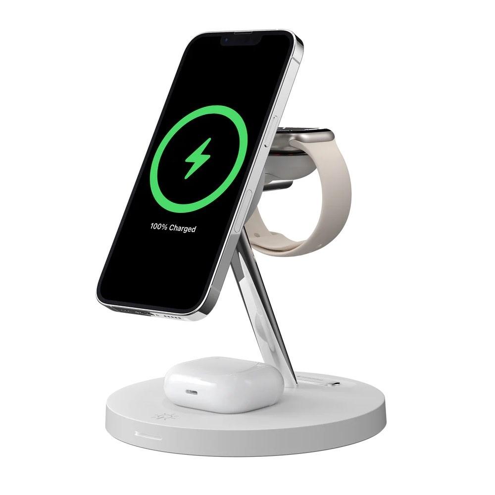 Тройна поставка (пад) за безжично зареждане за iPhone с Magsafe, Apple Watch и AirPods Pro - SwitchEasy 4-in-1 MagPower Magnetic Wireless Chargering Stand (бял) | JAR Computers Тройна поставка (пад) за безжично зареждане за iPhone с Magsafe, Apple Watch и AirPods Pro - SwitchEasy 4-in-1 MagPower Magnetic Wireless Chargering Stand (бял)
