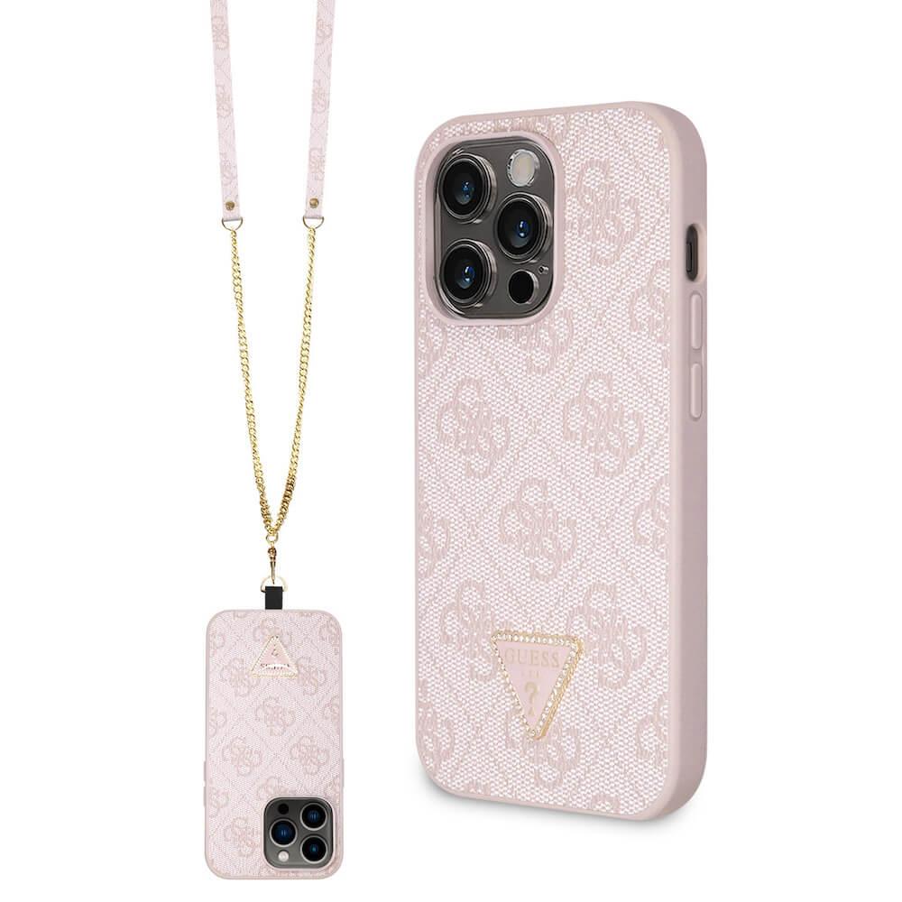 Дизайнерски кожен кейс с връзка за носене през врата за iPhone 15 Pro - Guess PU 4G Strass Triangle Metal Logo Case With Crossbody Strap (розов) | JAR Computers Дизайнерски кожен кейс с връзка за носене през врата за iPhone 15 Pro - Guess PU 4G Strass Triangle Metal Logo Case With Crossbody Strap (розов)