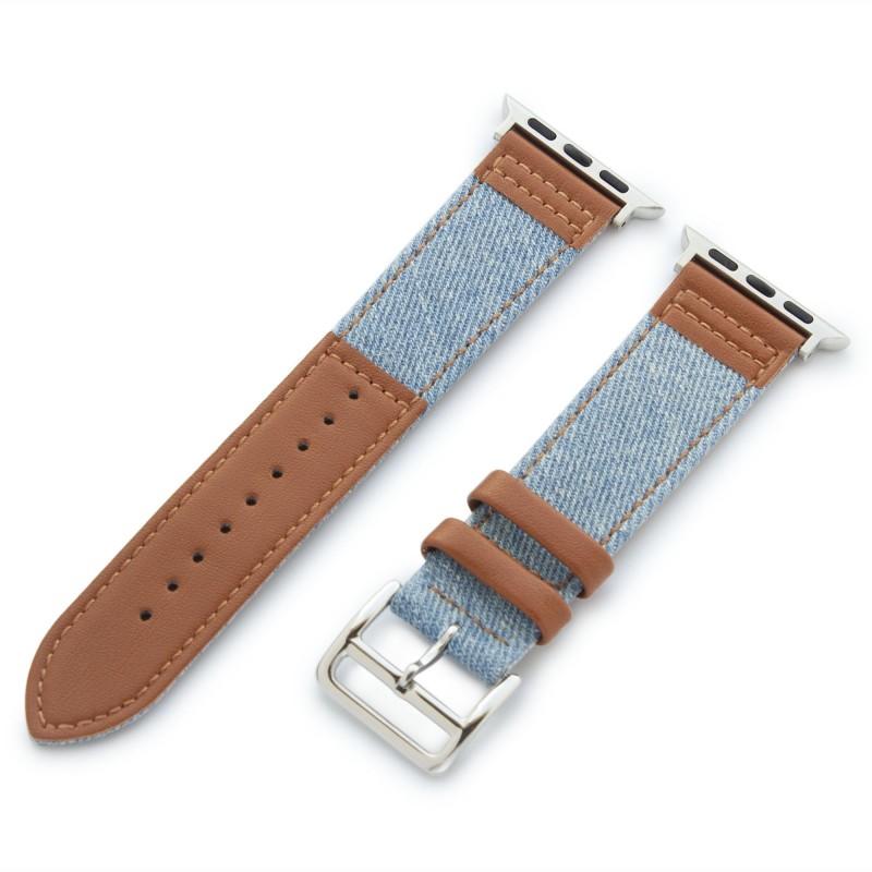 Кожена каишка за Apple Watch 42мм, 44мм, 45мм - Torrii Leather Band (светлосиня дънкова материя с кафява кожа) | JAR Computers Кожена каишка за Apple Watch 42мм, 44мм, 45мм - Torrii Leather Band (светлосиня дънкова материя с кафява кожа)