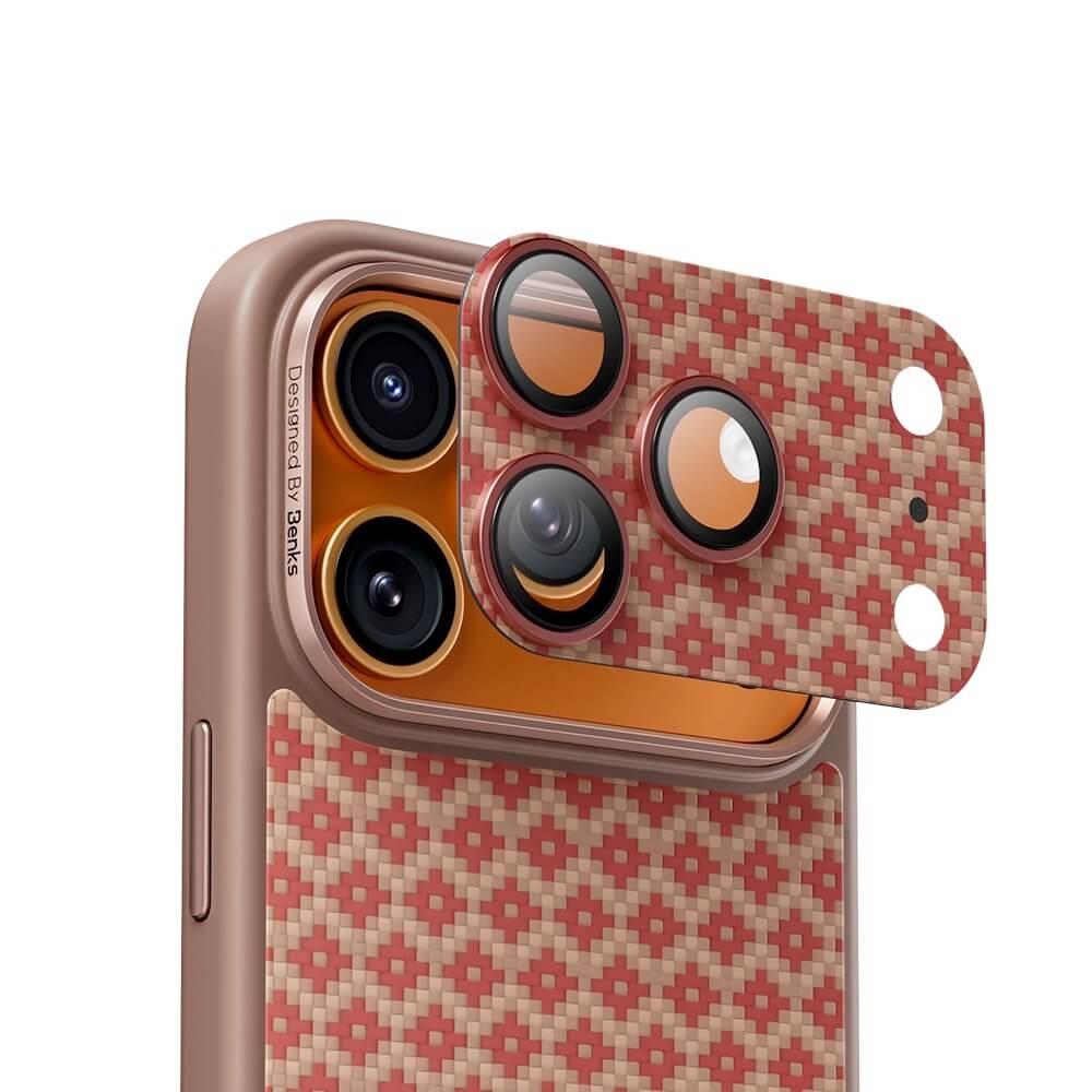 Предпазни стъклени лещи с цяла кевларна плочка за камерата на iPhone 17 Pro - Benks ArmorWarrior Aramid Lens Protector Tempered Glass (оранжев) | JAR Computers Предпазни стъклени лещи с цяла кевларна плочка за камерата на iPhone 17 Pro - Benks ArmorWarrior Aramid Lens Protector Tempered Glass (оранжев)