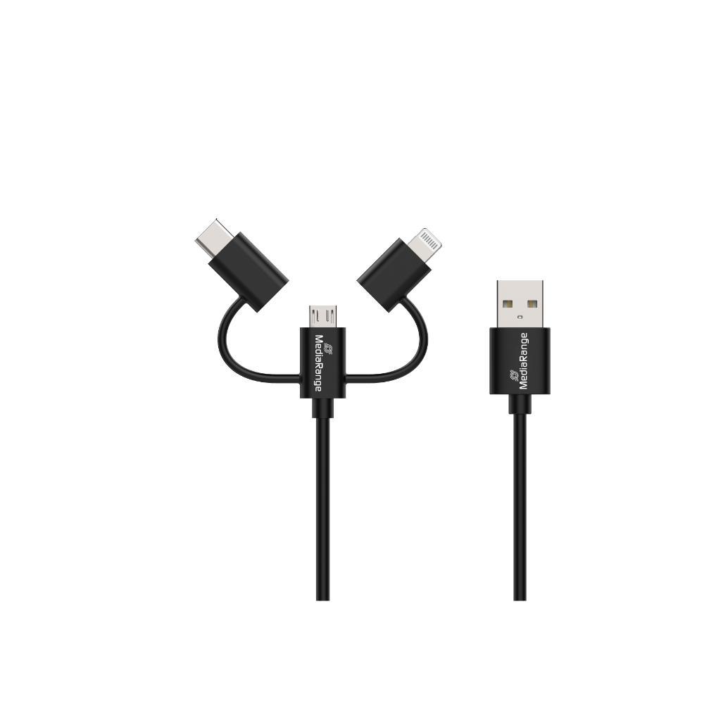 MediaRange 3-in-1 Charge and Sync Cable, micro USB, USB Type-C® and Apple Lightning® Connectors, USB 2.0 480 Mbps, 12W max., 1.0m, Black (MRCS246) | JAR Computers MediaRange 3-in-1 Charge and Sync Cable, micro USB, USB Type-C® and Apple Lightning® Connectors, USB 2.0 480 Mbps, 12W max., 1.0m, Black (MRCS246)