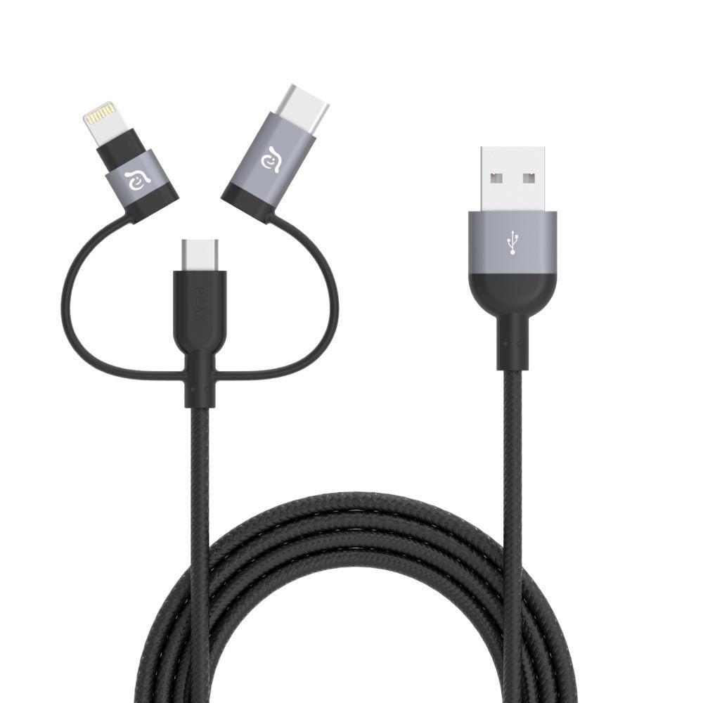 Универсален USB кабел с Lightning, microUSB и USB-C конектори (120 см) - Adam Elements PeAk II Lightning Cable Trio 120B (тъмносив) | JAR Computers Универсален USB кабел с Lightning, microUSB и USB-C конектори (120 см) - Adam Elements PeAk II Lightning Cable Trio 120B (тъмносив)