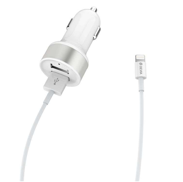 Зарядно за кола с 2xUSB изхода и Lightning кабел за iPhone, iPad и iPod - Devia Dual USB Smart Charger MFI Lightning Suit (бял) | JAR Computers Зарядно за кола с 2xUSB изхода и Lightning кабел за iPhone, iPad и iPod - Devia Dual USB Smart Charger MFI Lightning Suit (бял)