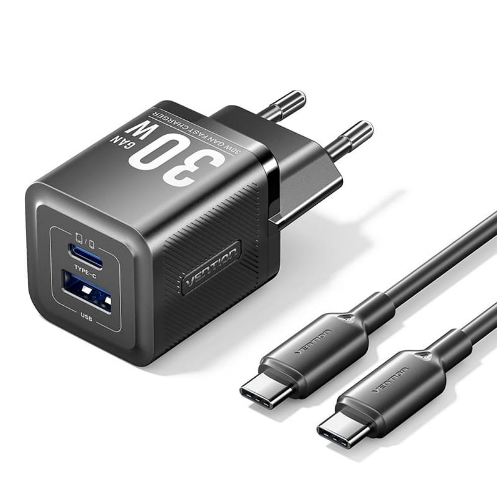 VENTION 2-Port USB (C + A) GaN Charger (30W/30W) with 3A USB-C to USB-C Cable (1M) EU-Plug Gray (TZ-FCEH0-EU) (VENTZ-FCEH0-EU) | JAR Computers VENTION 2-Port USB (C + A) GaN Charger (30W/30W) with 3A USB-C to USB-C Cable (1M) EU-Plug Gray (TZ-FCEH0-EU) (VENTZ-FCEH0-EU)