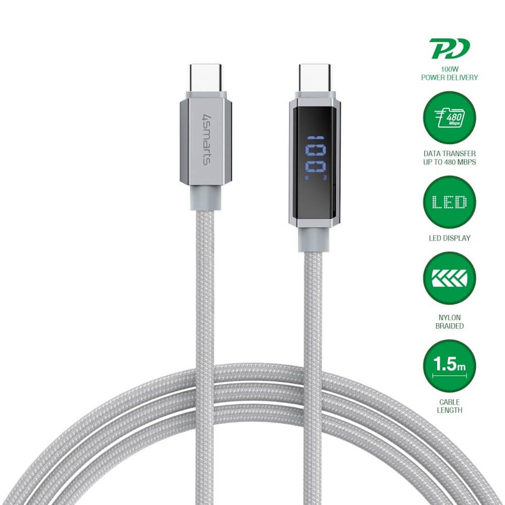4smarts DigitCord USB-C to USB-C 100W Cable - здрав кабел с въжена оплетка и дисплей, за зареждане на устройства с USB-C порт (150 см) (сив)