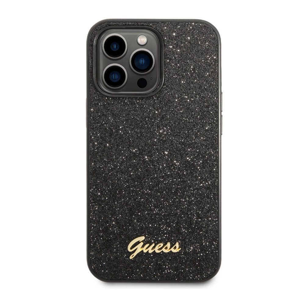 Guess Glitter Flakes Metal Logo Case - хибриден удароустойчив кейс за iPhone 14 Pro (черен)