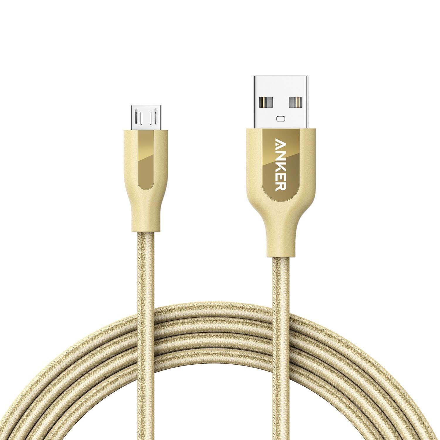 Качествен плетен кабел за зареждане на устройства с microUSB порт (180 см) - Anker Powerline+ Nylon Micro USB cable 180 cm (златист) | JAR Computers Качествен плетен кабел за зареждане на устройства с microUSB порт (180 см) - Anker Powerline+ Nylon Micro USB cable 180 cm (златист)