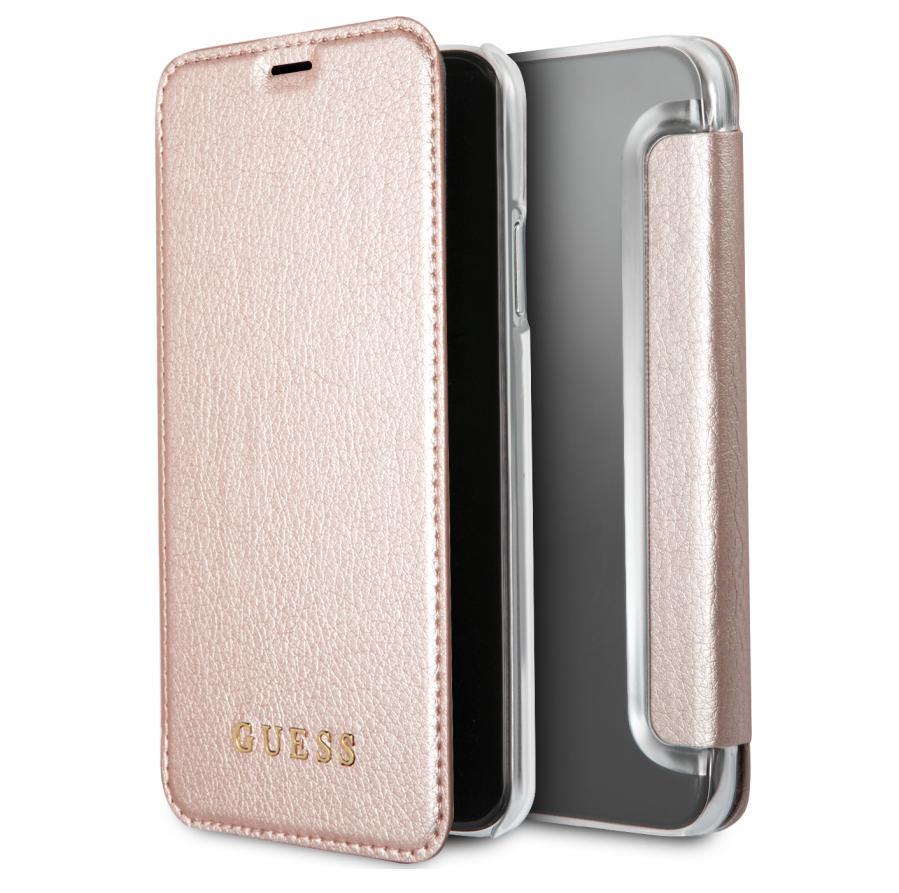 Дизайнерски кожен калъф, тип портфейл за iPhone XS, iPhone X - Guess Iridescent Book Case (розово злато) | JAR Computers Дизайнерски кожен калъф, тип портфейл за iPhone XS, iPhone X - Guess Iridescent Book Case (розово злато)