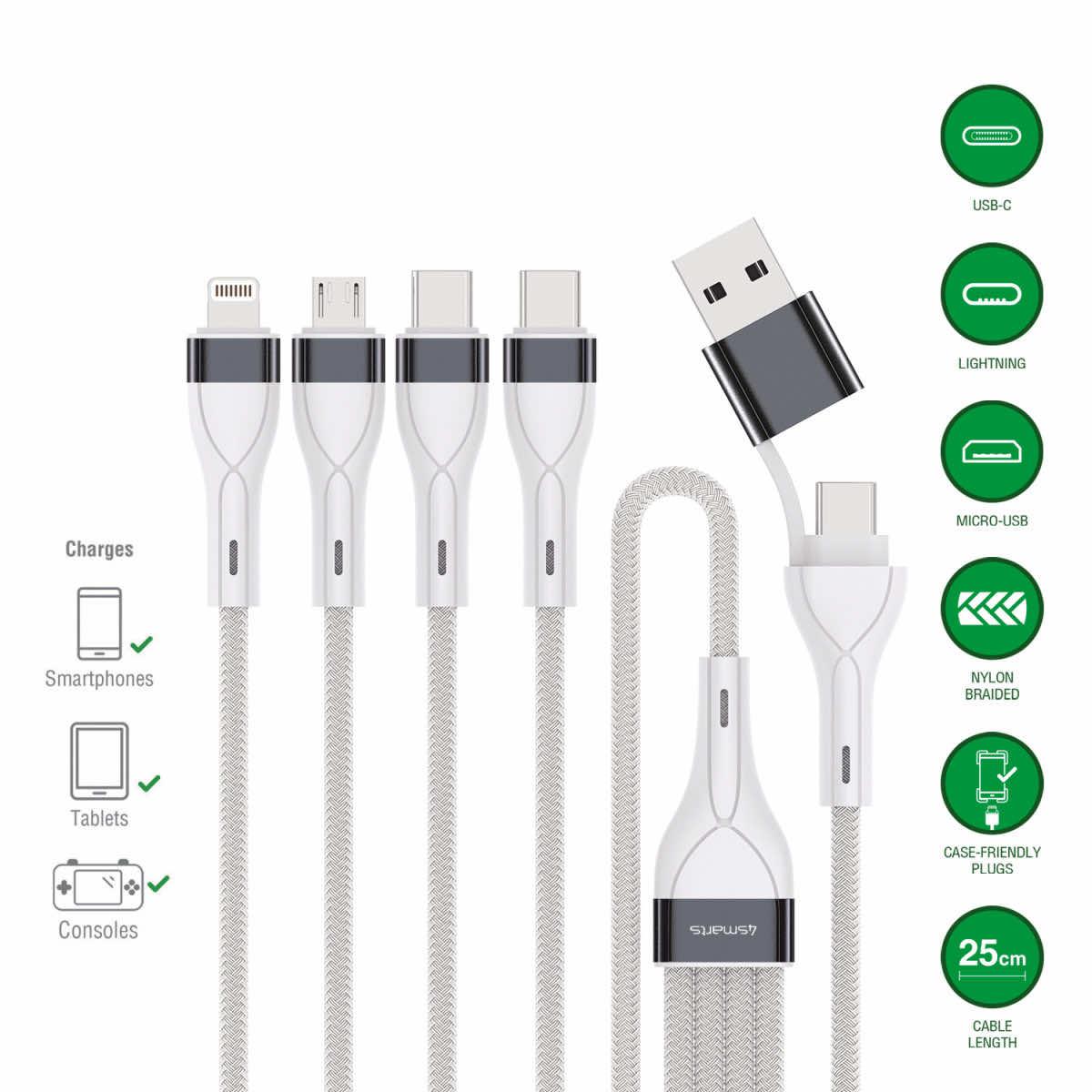 4smarts 4-in-2 Multi-Charging USB Cable - универсален USB-C кабел с Lightning, microUSB и USB-C конектори (25 см) (бял)