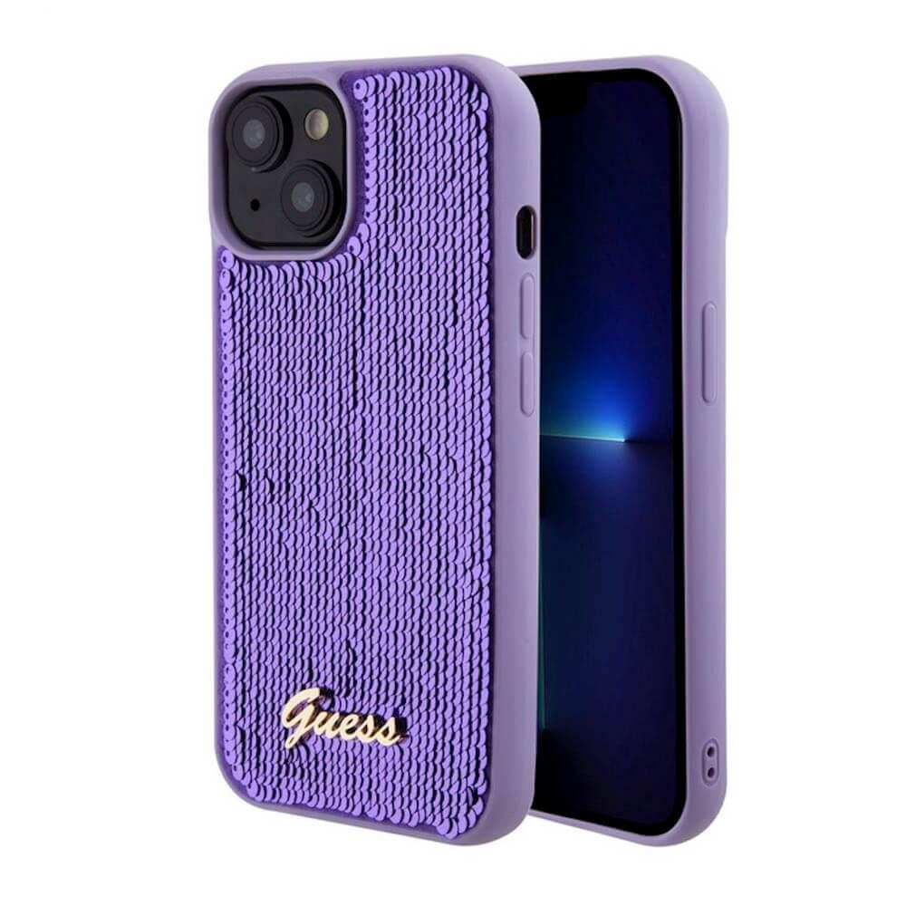 Дизайнерски силиконов кейс за iPhone 15 - Guess Sequin Script Logo Case (лилав) | JAR Computers Дизайнерски силиконов кейс за iPhone 15 - Guess Sequin Script Logo Case (лилав)