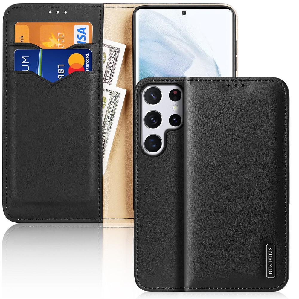 Кожен калъф от естествена кожа с поставка и отделение за кр. карти за Samsung Galaxy S22 Ultra - Dux Ducis Hivo Genuine Leather Flip Wallet Case (черен) | JAR Computers Кожен калъф от естествена кожа с поставка и отделение за кр. карти за Samsung Galaxy S22 Ultra - Dux Ducis Hivo Genuine Leather Flip Wallet Case (черен)