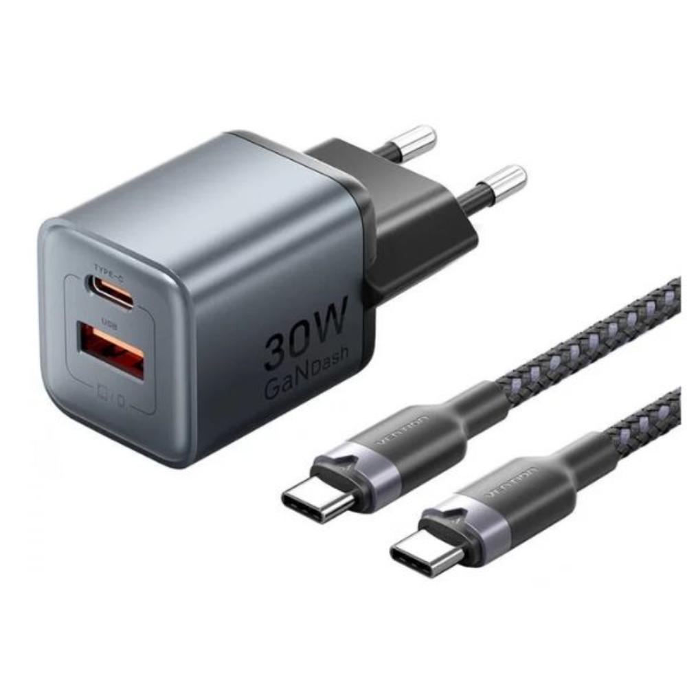 VENTION 2-Port USB (C + A) GaN Charger (30W/18W) Gray with USB-C to USB-C Cable (1M) Black EU-Plug (TZ-FEWH0-EU) (VENTZ-FEWH0-EU) | JAR Computers VENTION 2-Port USB (C + A) GaN Charger (30W/18W) Gray with USB-C to USB-C Cable (1M) Black EU-Plug (TZ-FEWH0-EU) (VENTZ-FEWH0-EU)
