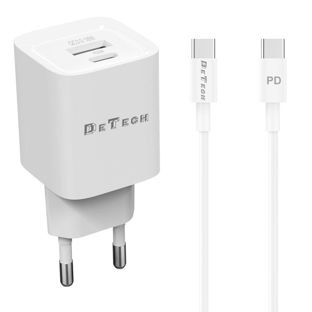 Мрежово зарядно устройство DeTech DE-60C, 20W, 1 x Type-C F, 1 x USB F, PD, QC, С кабел Type-C - Type-C, 1.0m, Бял - 40544 | JAR Computers Мрежово зарядно устройство DeTech DE-60C, 20W, 1 x Type-C F, 1 x USB F, PD, QC, С кабел Type-C - Type-C, 1.0m, Бял - 40544