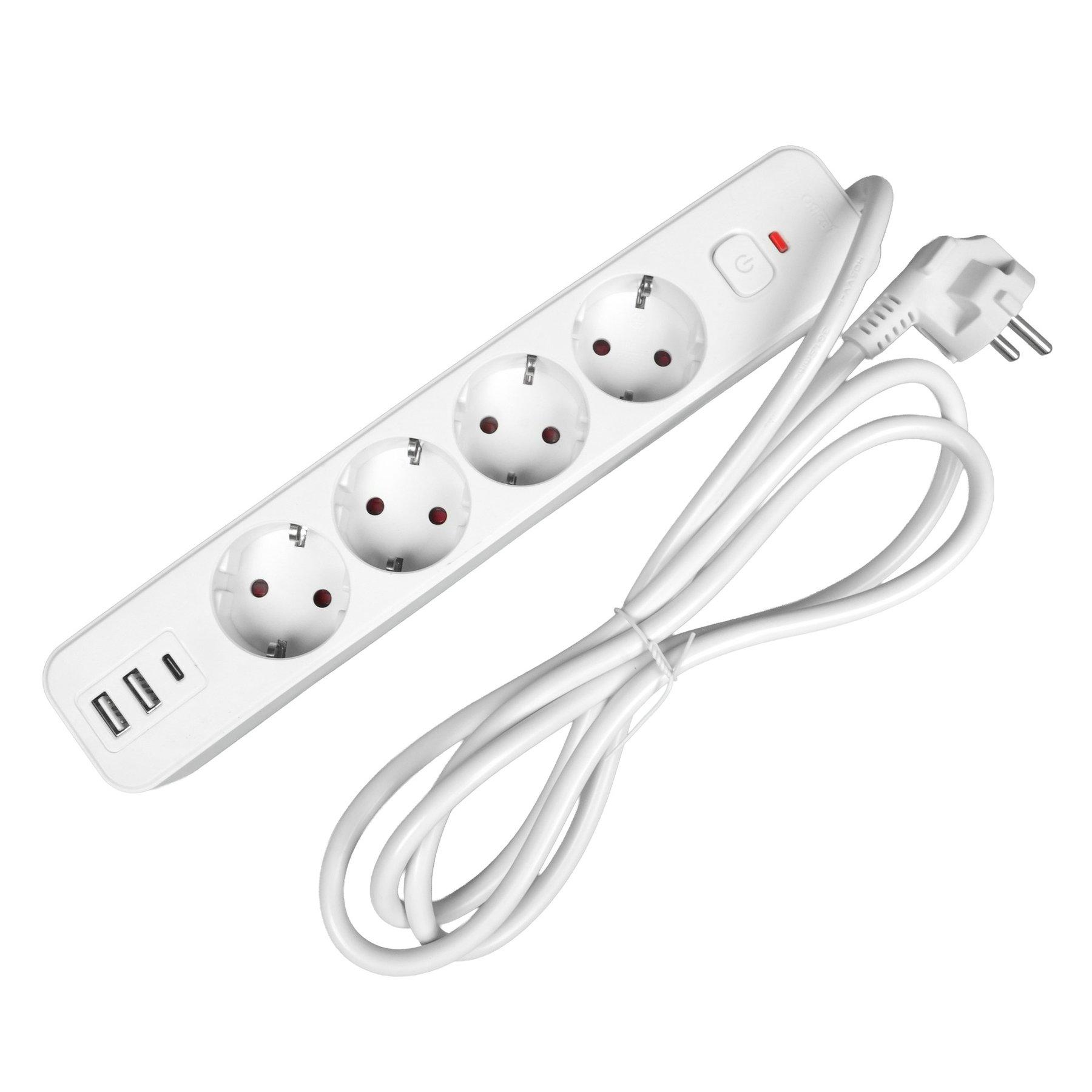 Разклонител Office 1, шуко, 4 гнезда, 3 m кабел, 2 USB Type-A, 1 USB Type-C, с ключ, бял | JAR Computers Разклонител Office 1, шуко, 4 гнезда, 3 m кабел, 2 USB Type-A, 1 USB Type-C, с ключ, бял