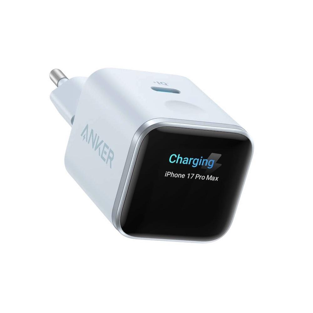 Захранване за ел. мрежа с USB-C порт и смарт дисплей - Anker Nano 45W USB-C Wall Charger With Smart Display (син) | JAR Computers Захранване за ел. мрежа с USB-C порт и смарт дисплей - Anker Nano 45W USB-C Wall Charger With Smart Display (син)
