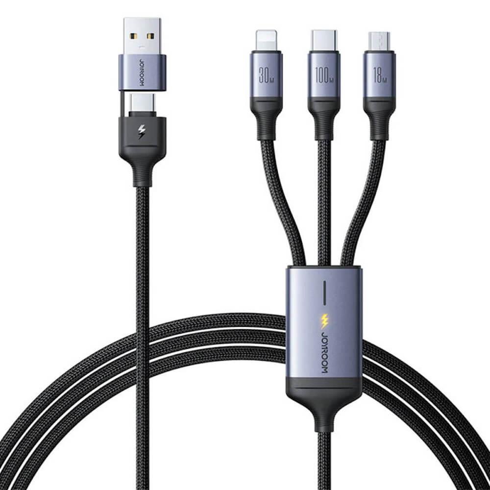 Joyroom 6-in-1 Speed USB Cable 100W - универсален USB-C кабел с Lightning, microUSB и USB-C конектори (150 см) (черен)