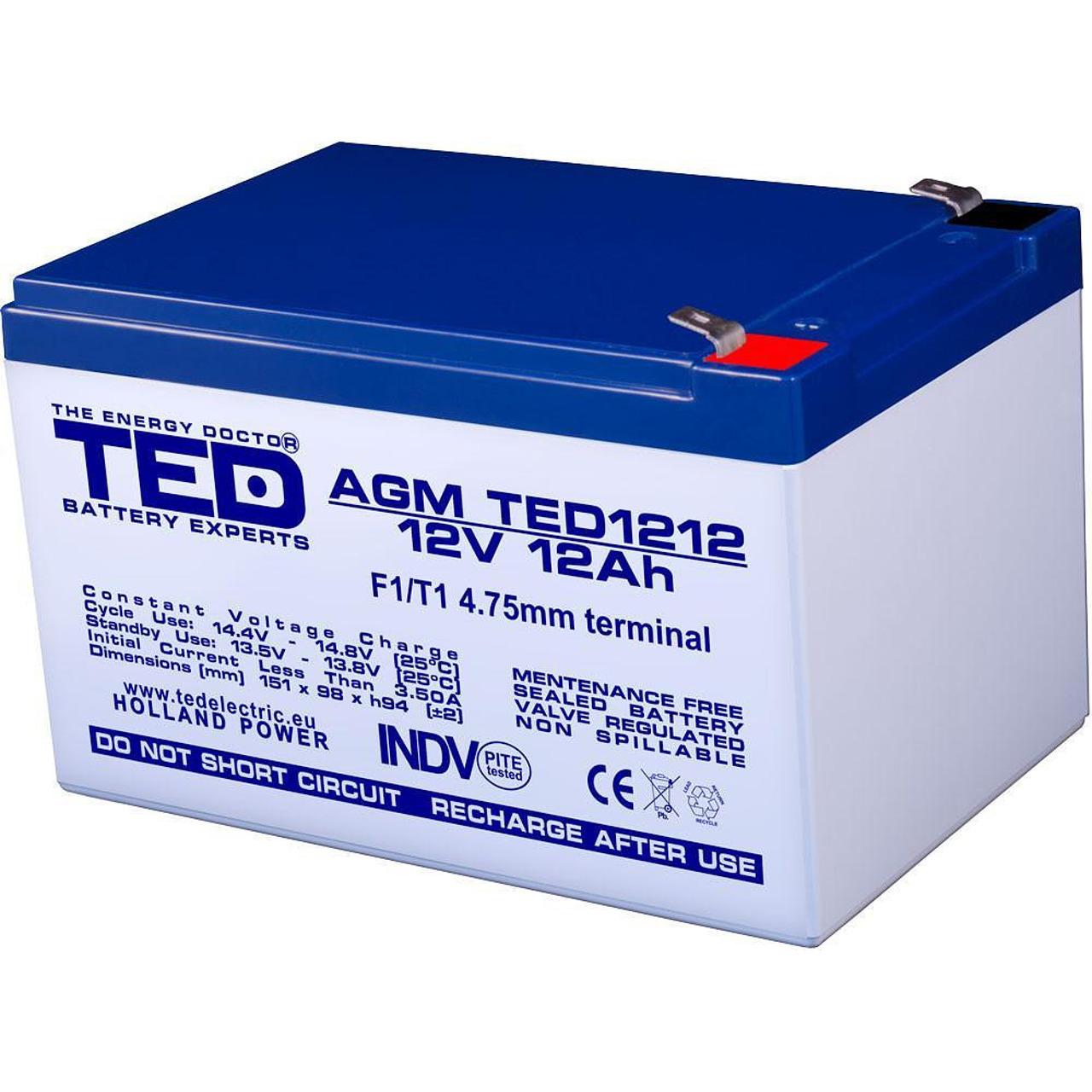 Оловна Батерия TED ELECTRIC, 12V, 12Ah, 152/ 98/ 96 mm, AGM | JAR Computers Оловна Батерия TED ELECTRIC, 12V, 12Ah, 152/ 98/ 96 mm, AGM