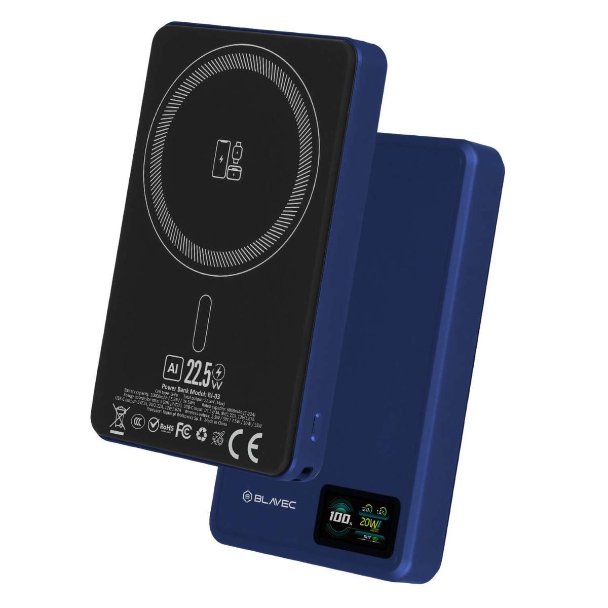 Преносима външна батерия с USB-C порт и безжично зареждане с MagSafe - Blavec Slim BJ-03 Magnetic Wireless Charging Power Bank 10000 mAh 22.5W (син) | JAR Computers Преносима външна батерия с USB-C порт и безжично зареждане с MagSafe - Blavec Slim BJ-03 Magnetic Wireless Charging Power Bank 10000 mAh 22.5W (син)