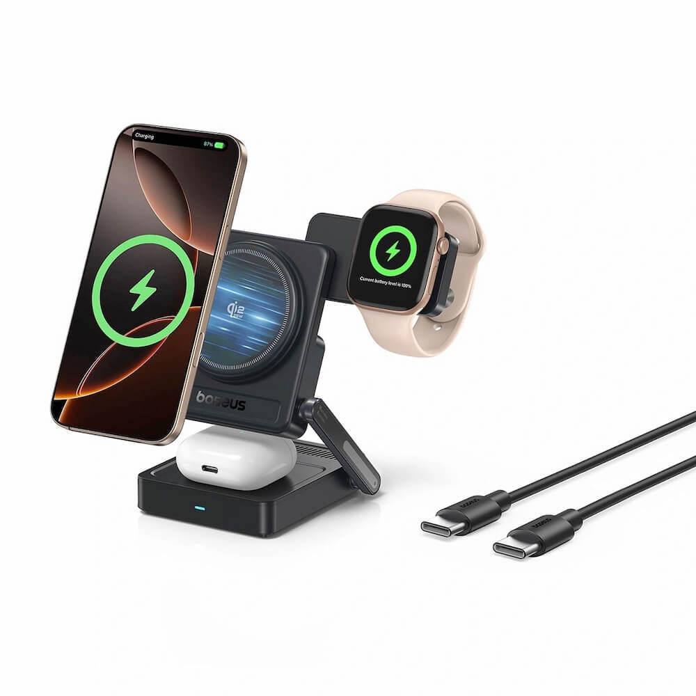 Тройна поставка (пад) за безжично зареждане за iPhone с MagSafe, Apple Watch и AirPods - Baseus PicoGo AF21 3-in-1 Qi2.2 Magnetic Wireless Charging Stand 35W (E0205402) | JAR Computers Тройна поставка (пад) за безжично зареждане за iPhone с MagSafe, Apple Watch и AirPods - Baseus PicoGo AF21 3-in-1 Qi2.2 Magnetic Wireless Charging Stand 35W (E0205402)