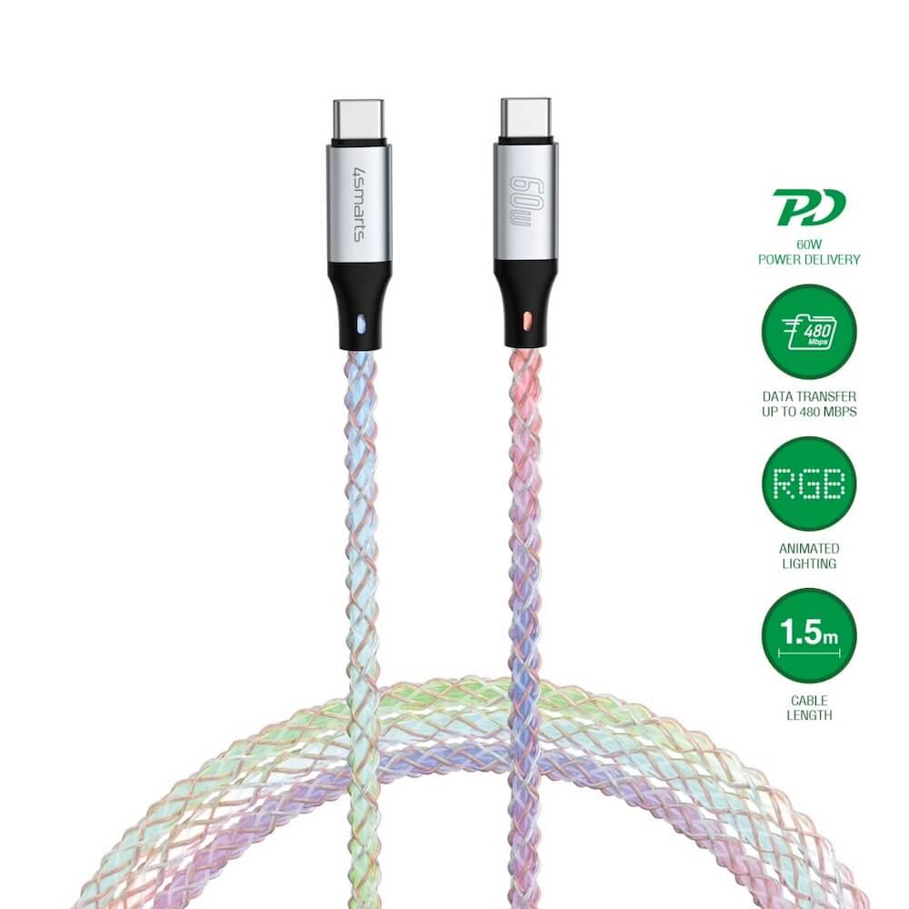 4smarts RGBCord USB-C to USB-C Cable 60W - здрав кабел с бързо зареждане и подсветка за устройства с USB-C порт (150 см) (цветен)