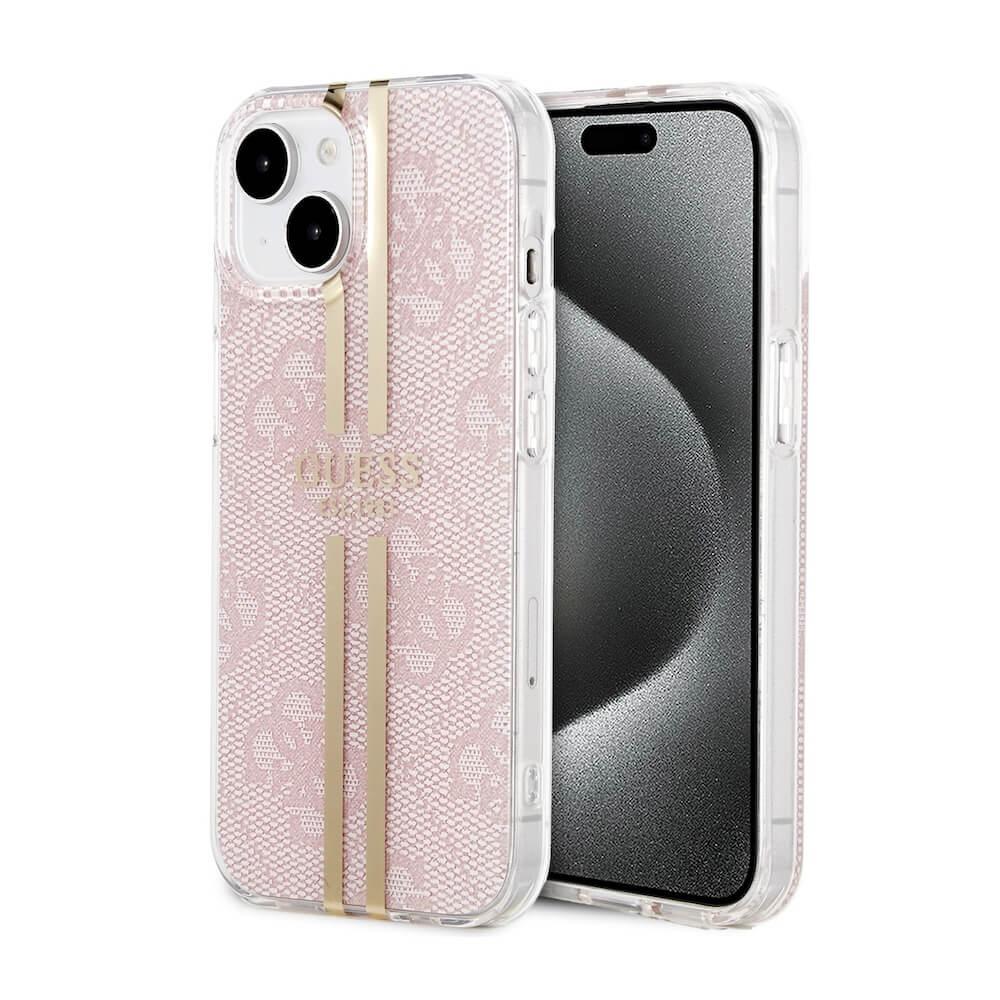 Дизайнерски силиконов кейс за iPhone 15 - Guess IML 4G Gold Stripe Case (розов) | JAR Computers Дизайнерски силиконов кейс за iPhone 15 - Guess IML 4G Gold Stripe Case (розов)