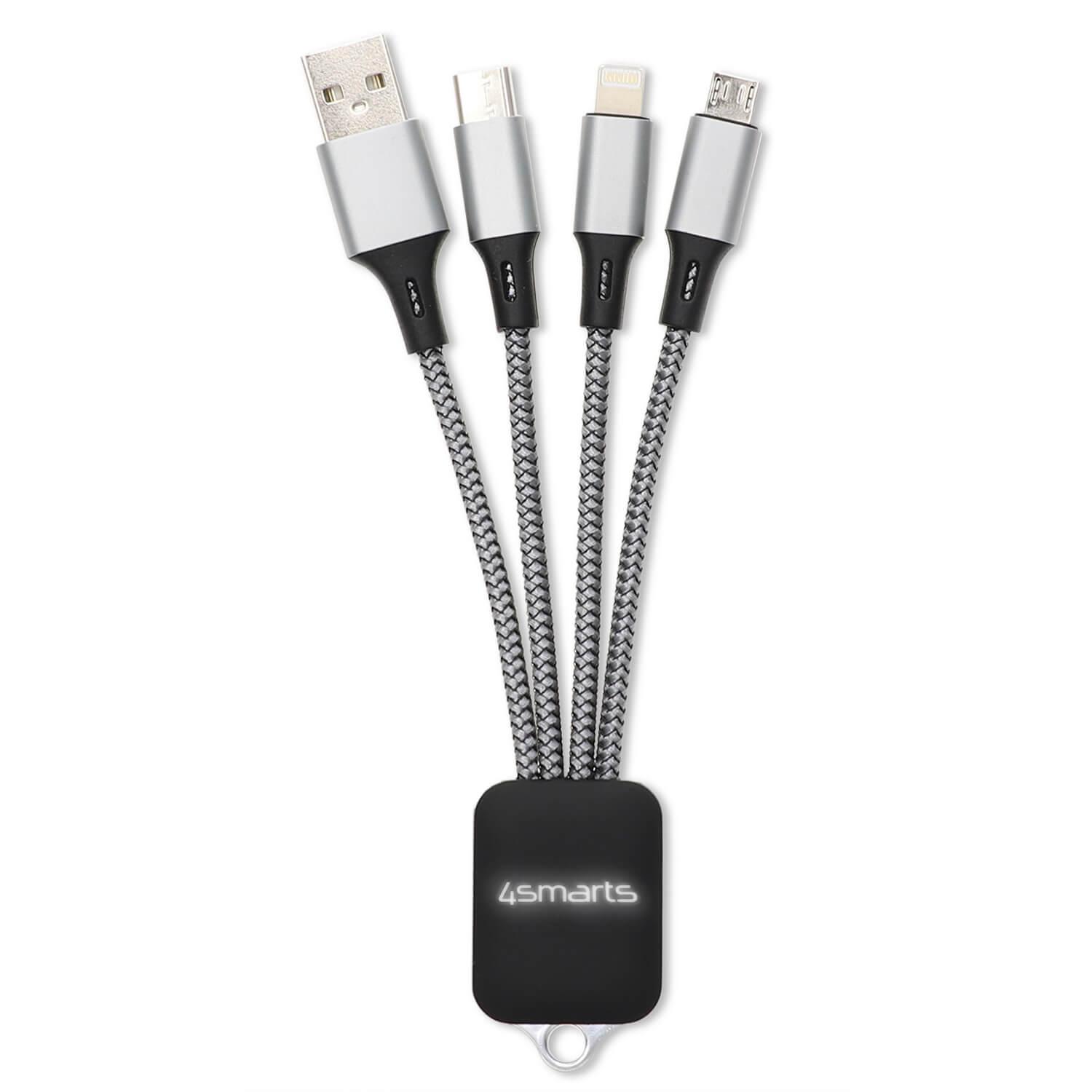Качествен светещ многофункционален кабел за microUSB, Lightning и USB-C стандарти (6см) - 4smarts 3in1 Cable GlowCord 6cm fabric (сребрист) | JAR Computers Качествен светещ многофункционален кабел за microUSB, Lightning и USB-C стандарти (6см) - 4smarts 3in1 Cable GlowCord 6cm fabric (сребрист)