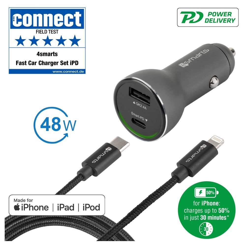 Зарядно за кола с USB и USB-C изход и сертифициран (MFI) Lightning към USB-C кабел за iPhone, iPad и устройства с Lightning порт - 4smarts Fast Car Charger Set iPD (MFI) (черен) | JAR Computers Зарядно за кола с USB и USB-C изход и сертифициран (MFI) Lightning към USB-C кабел за iPhone, iPad и устройства с Lightning порт - 4smarts Fast Car Charger Set iPD (MFI) (черен)