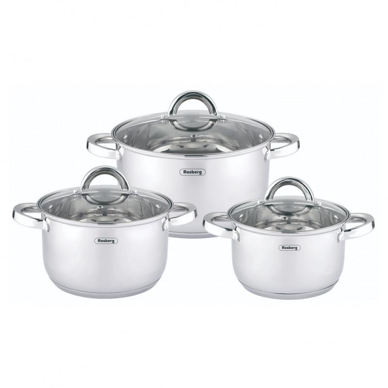 Комплект тенджери Rosberg R51210L6C, 6 ч, Мерителна скала, Стъклени капаци, Неръждаема стомана, Индукция, Сребрист