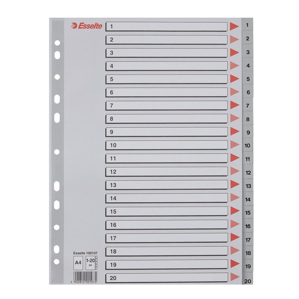 Разделител Esselte, 1-20, PP 120 mic, A4, сив, подсилена европерфорация, лицева страница | JAR Computers Разделител Esselte, 1-20, PP 120 mic, A4, сив, подсилена европерфорация, лицева страница