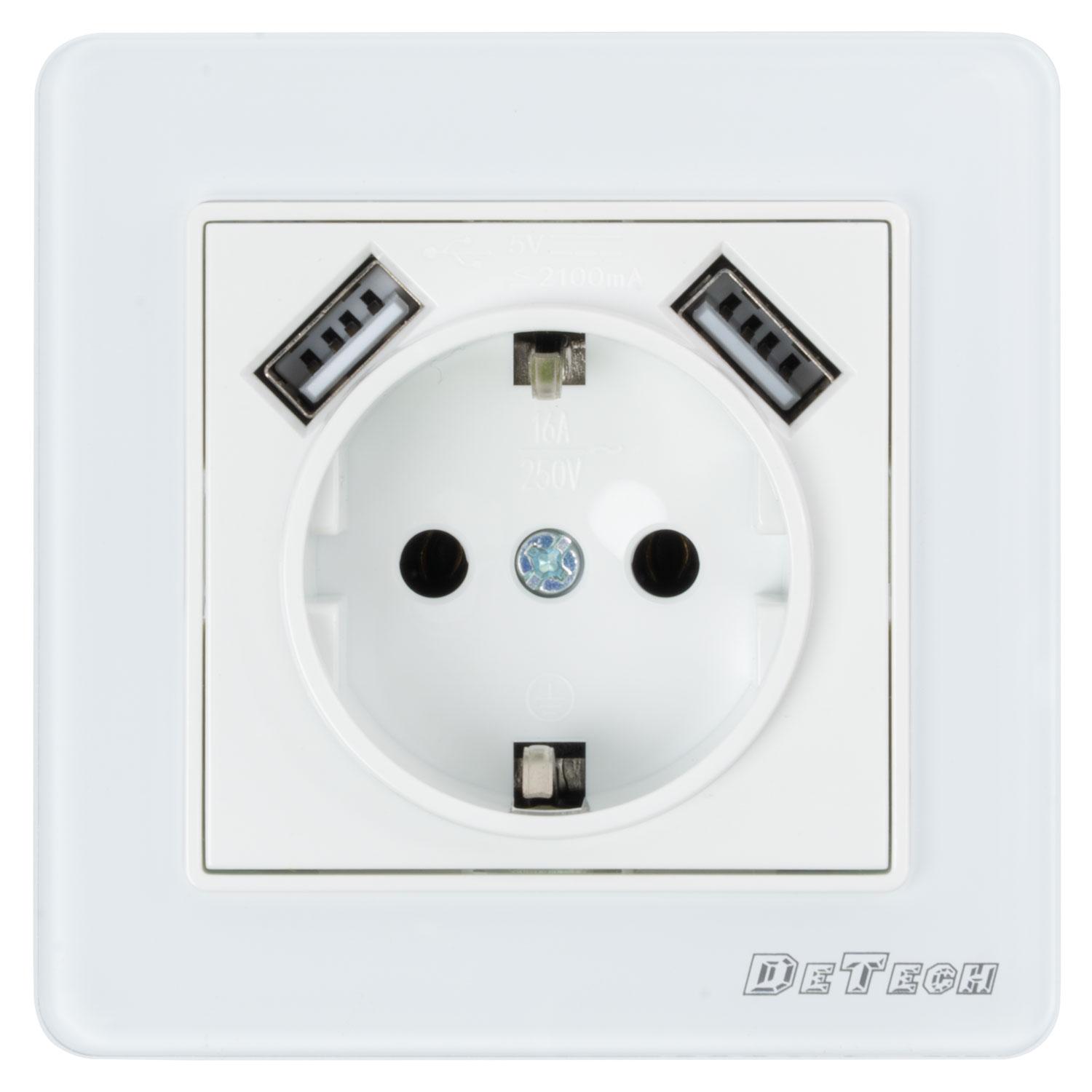 Единичен електрически контакт DeTech DE-6008-78, 2xUSB, 16A, Шуко, За вграждане, IP20, Бял - 75009 | JAR Computers Единичен електрически контакт DeTech DE-6008-78, 2xUSB, 16A, Шуко, За вграждане, IP20, Бял - 75009