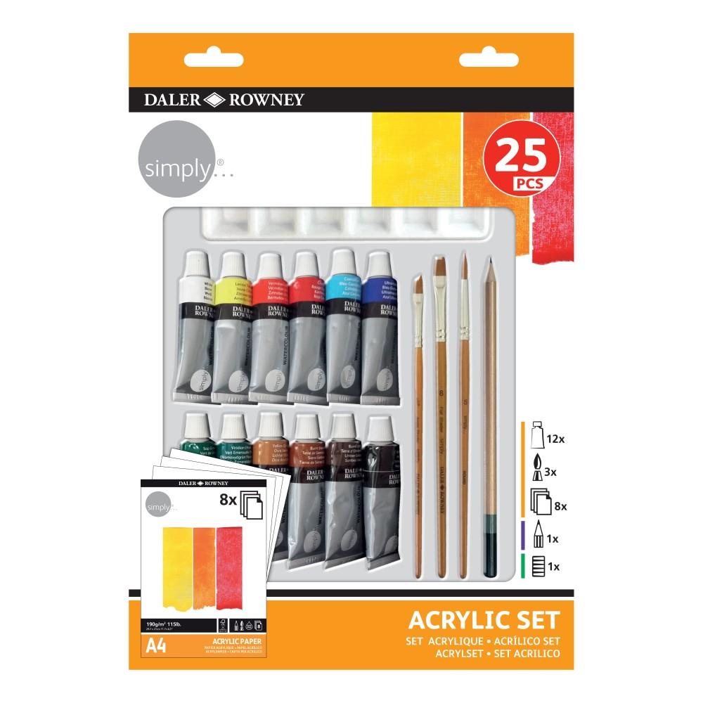 Комплект за рисуване DALER-ROWNEY Simply Acrylic, акрилни бои, четки и скицник, 25 части | JAR Computers Комплект за рисуване DALER-ROWNEY Simply Acrylic, акрилни бои, четки и скицник, 25 части