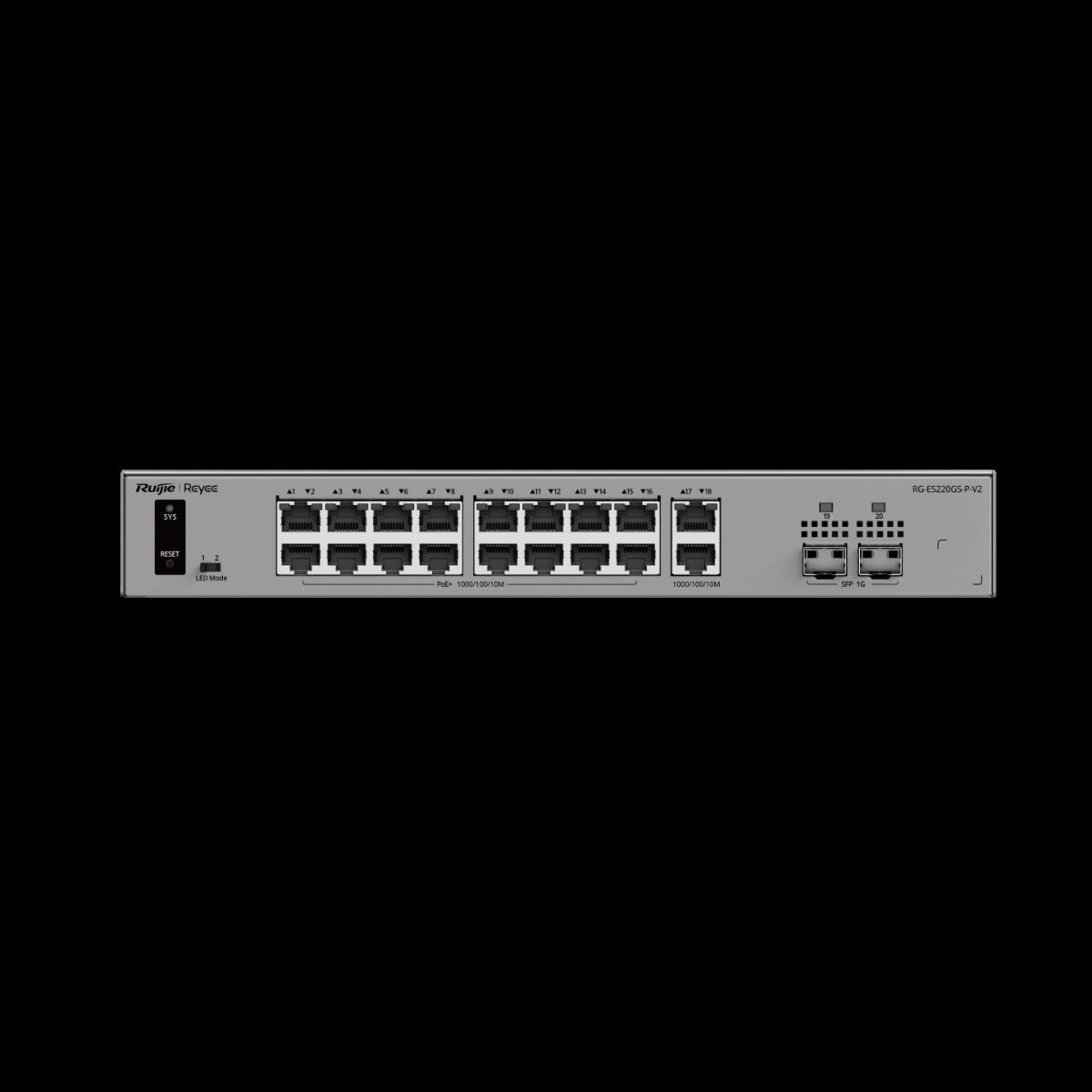 Комутатор Ruijie RG-ES220GS-P-V2, 18xGbE, 2xSFP, 16x PoE+, 250W, до 16 VLAN | JAR Computers Комутатор Ruijie RG-ES220GS-P-V2, 18xGbE, 2xSFP, 16x PoE+, 250W, до 16 VLAN