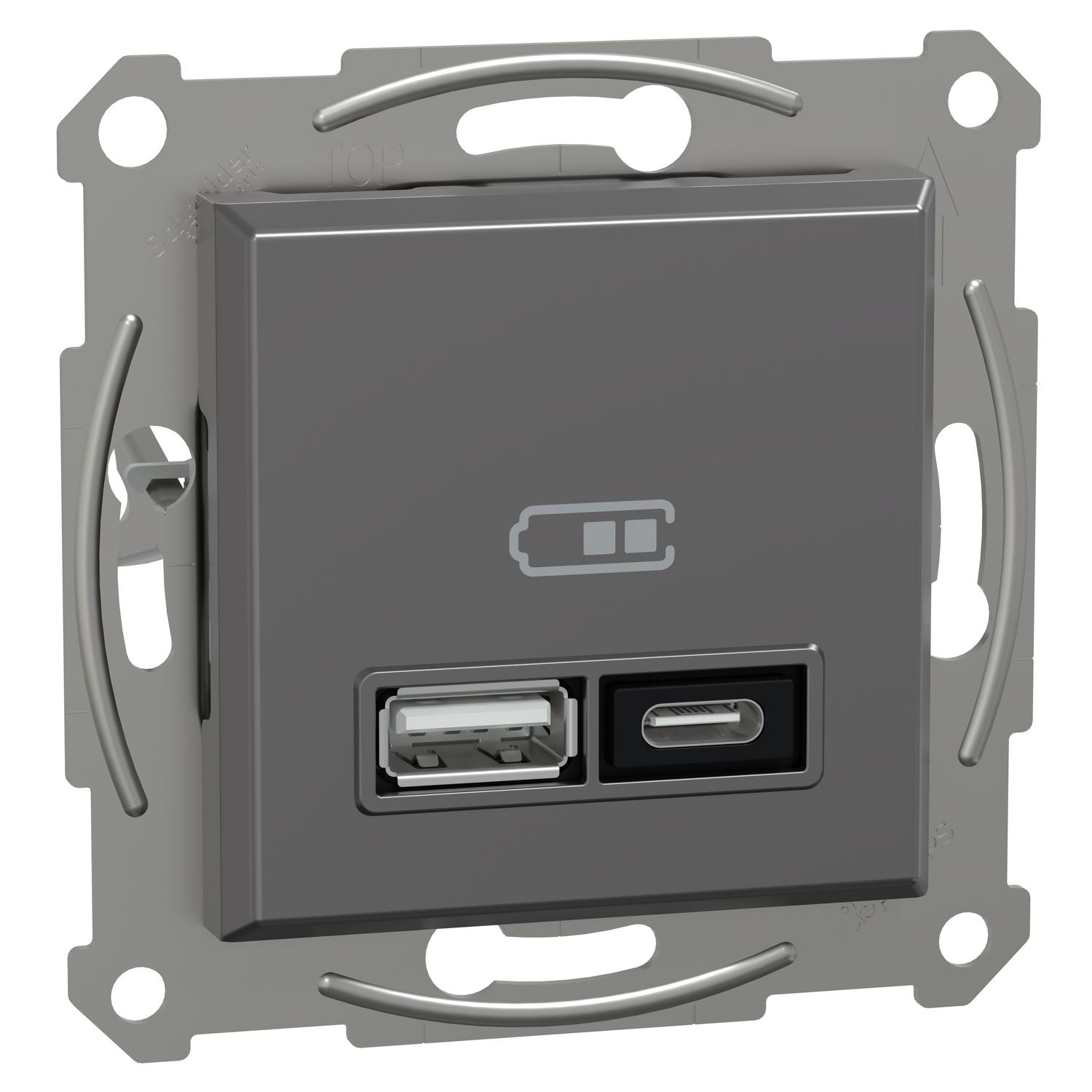 Двойно USB зарядно тип A+C 3A 21W Антрацит без рамка - Schneider Electric Asfora EPH2700571 | JAR Computers Двойно USB зарядно тип A+C 3A 21W Антрацит без рамка - Schneider Electric Asfora EPH2700571