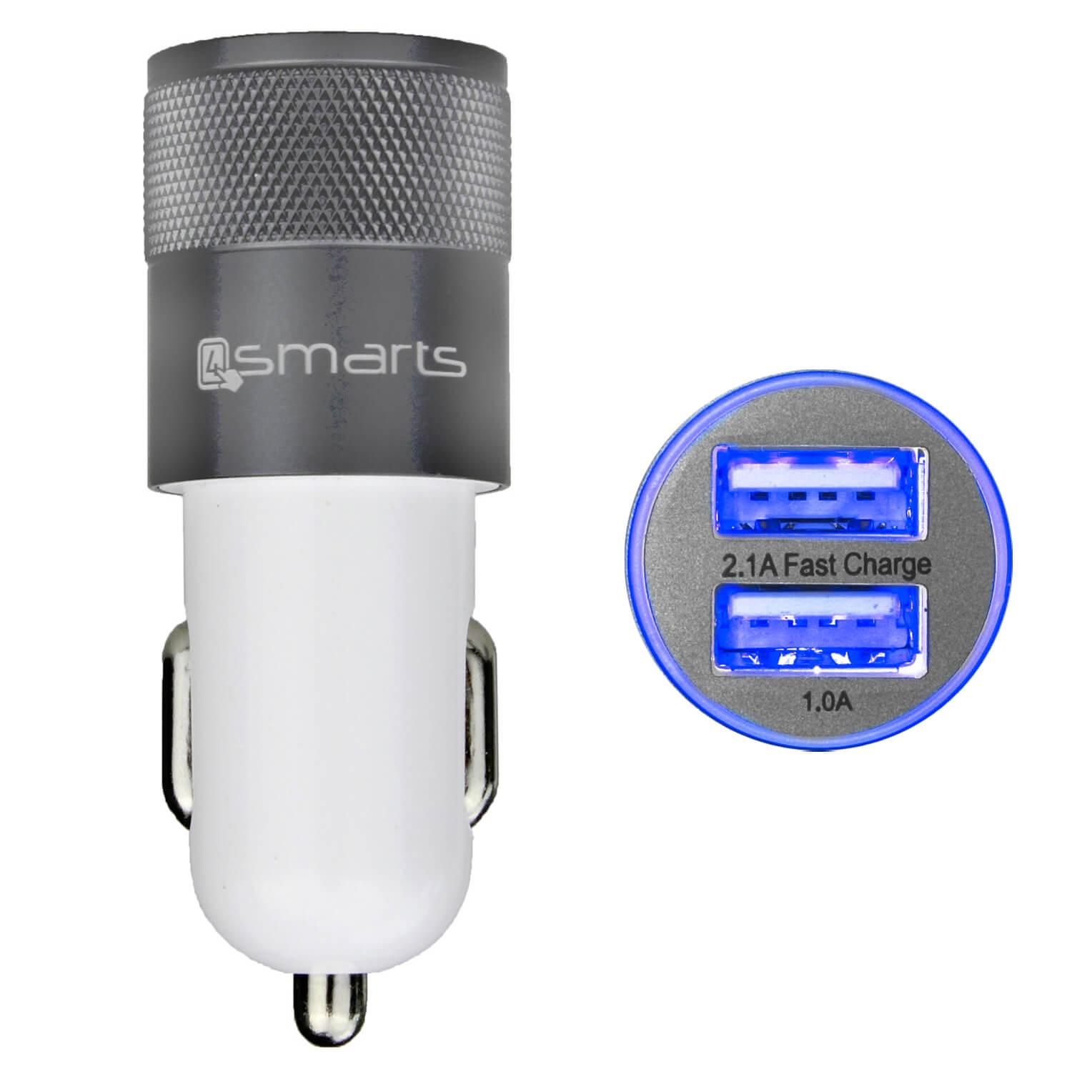 Качествено алуминиево зарядно за кола (3.1 Ампера) с 2 USB изхода за смартфони и таблети - 4smarts Hybrid In-Car Metal Charger 3.1A (бял-сив) | JAR Computers Качествено алуминиево зарядно за кола (3.1 Ампера) с 2 USB изхода за смартфони и таблети - 4smarts Hybrid In-Car Metal Charger 3.1A (бял-сив)
