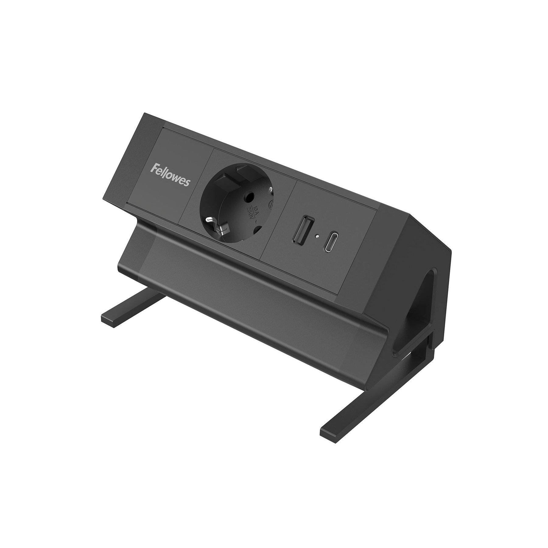 Разклонител Fellowes Ampra Power Desk, шуко, 1 гнездо, 1 USB Type-A, 1 USB Type-C, черен | JAR Computers Разклонител Fellowes Ampra Power Desk, шуко, 1 гнездо, 1 USB Type-A, 1 USB Type-C, черен