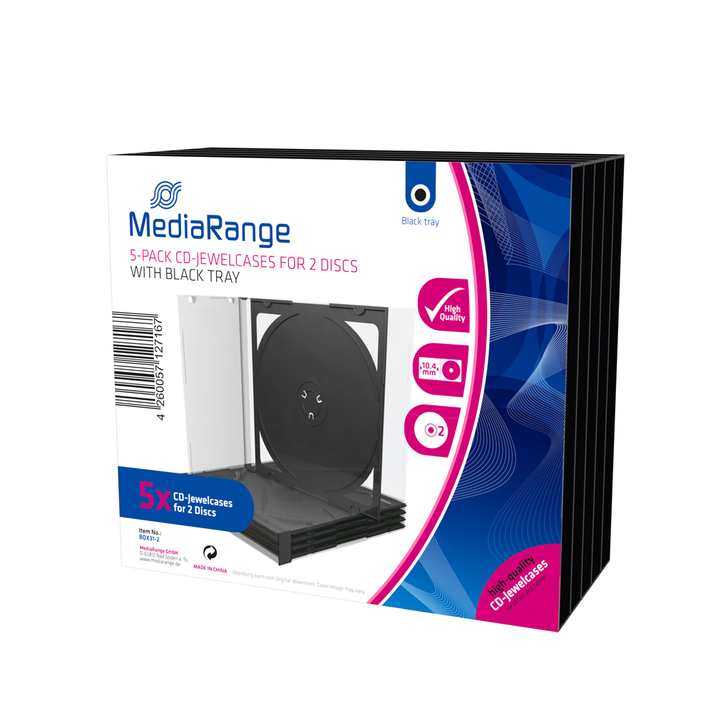 MediaRange CD Jewelcase for 2 discs 10.4mm Black Pack 5 (MRBOX31-2) | JAR Computers MediaRange CD Jewelcase for 2 discs 10.4mm Black Pack 5 (MRBOX31-2)