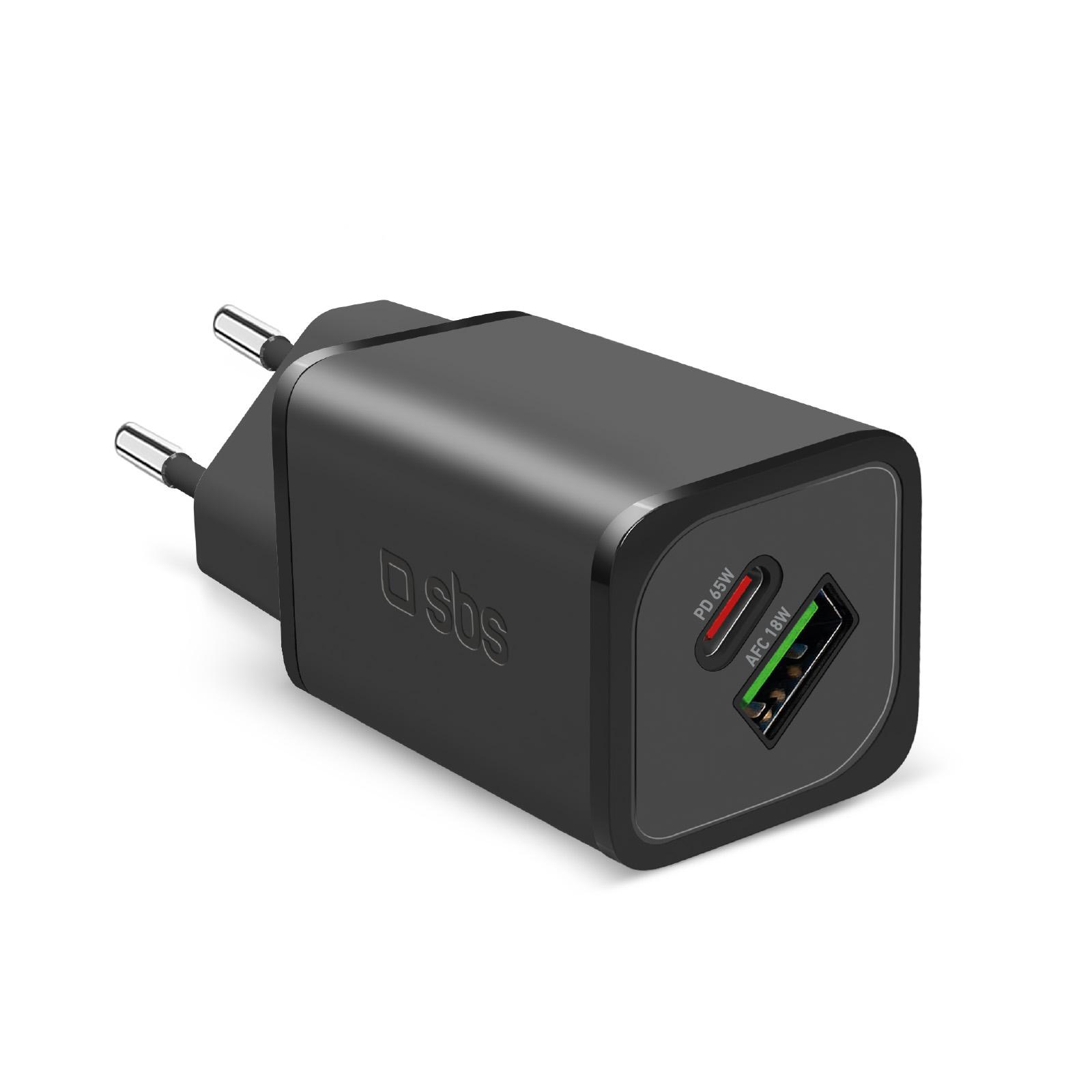 Мрежово зарядно SBS 57920 PD65W, GaN,  1xUSB-C PD65W + 1xUSB AFC 18W, черно
