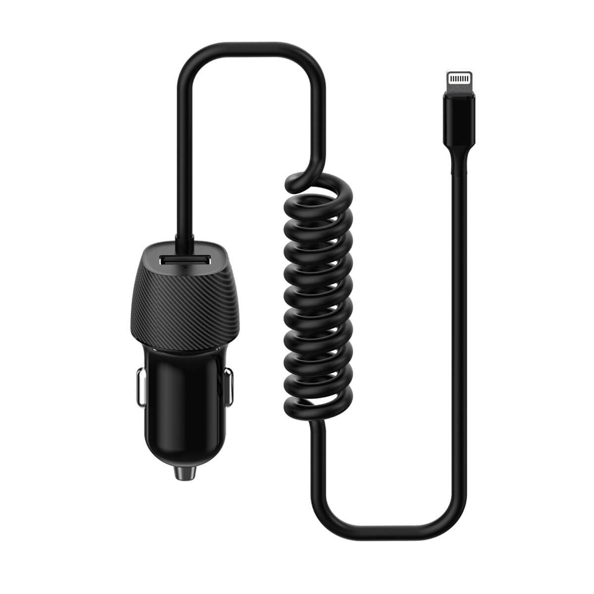 Зарядно за кола с вграден Lightning кабел и USB изход - Platinet Car Charger Spiral Cable 3.4A USB-A + Lightning (PLCRSL) (черен) | JAR Computers Зарядно за кола с вграден Lightning кабел и USB изход - Platinet Car Charger Spiral Cable 3.4A USB-A + Lightning (PLCRSL) (черен)