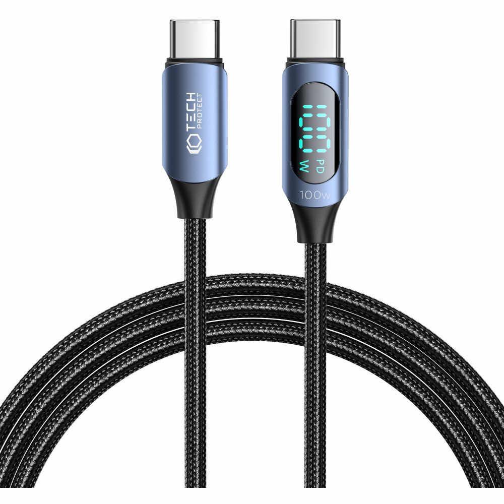 Tech-Protect UltraBoost USB-C to USB-C Cable with LED Display 100W - здрав кабел с въжена оплетка с бързо зареждане за устройства с USB-C порт (200 см) (син)
