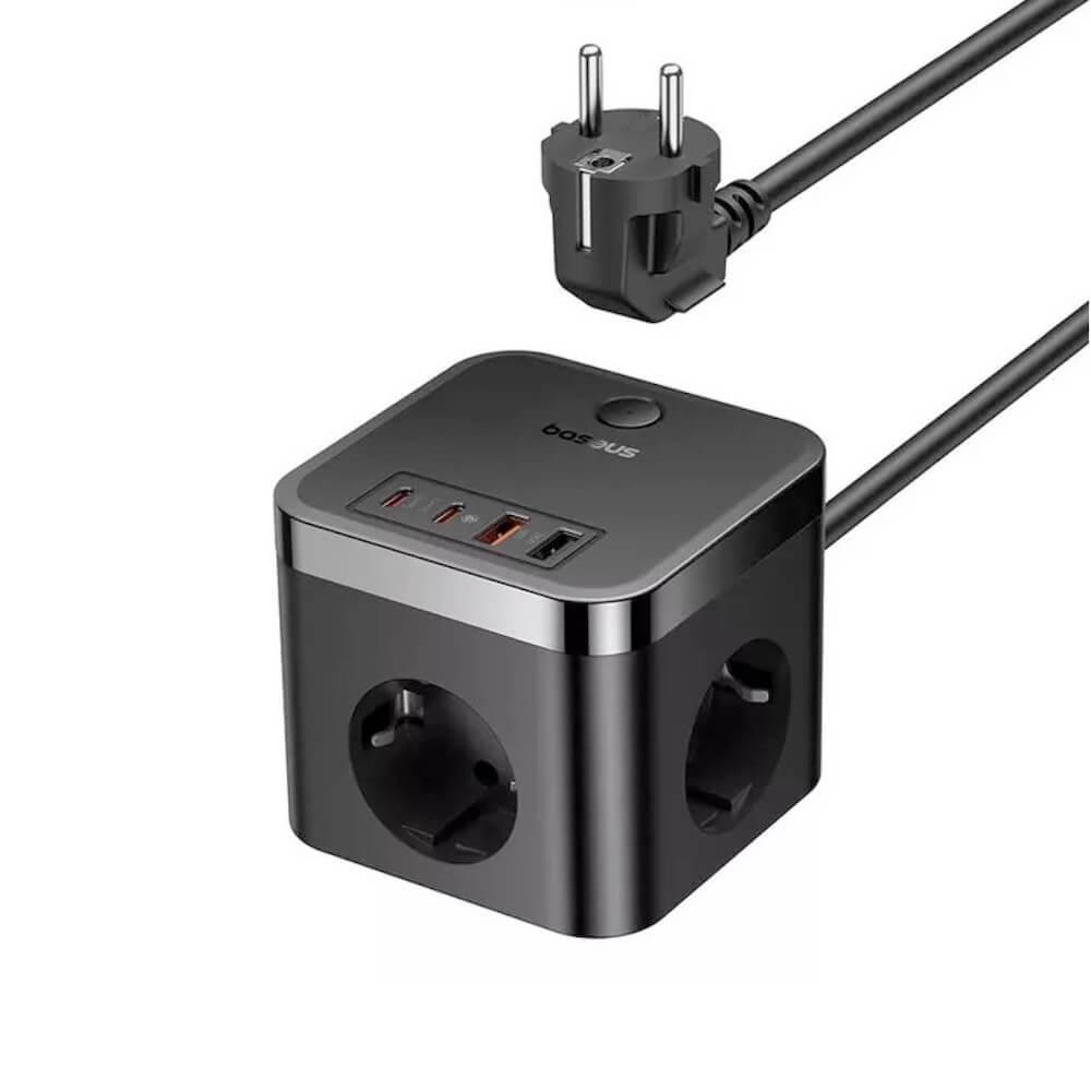 Baseus PowerCombo Cube Wall Power Strip With USB-C Hub 30W - разклонител с 3 изхода и вградени 1хUSB-C и 3хUSB-A изхода за мобилни устройства (черен)
