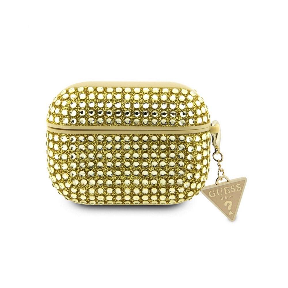 Кожен кейс с висулка за Apple Airpods Pro 2 - Guess Airpods Pro 2 Rhinestones Triangle Metal Logo Case (златист) | JAR Computers Кожен кейс с висулка за Apple Airpods Pro 2 - Guess Airpods Pro 2 Rhinestones Triangle Metal Logo Case (златист)