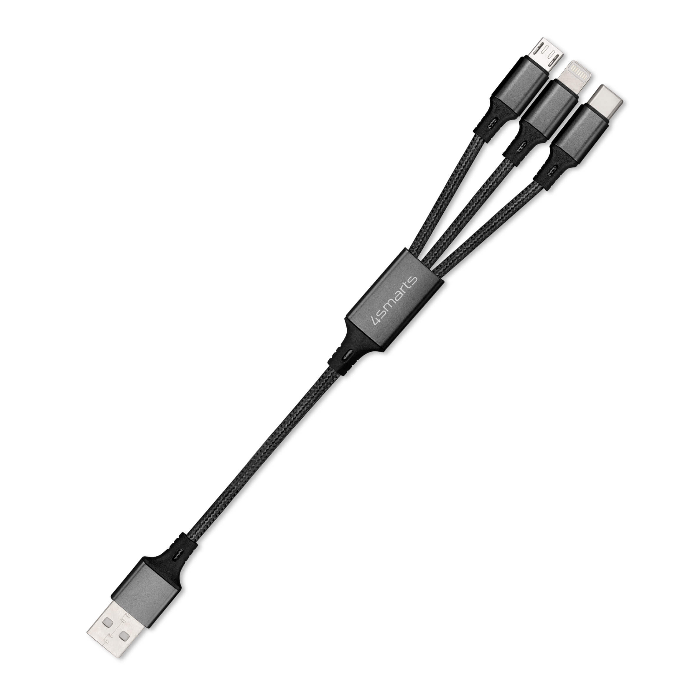 4smarts 3in1 Cable ForkCord - качествен многофункционален кабел за microUSB, Lightning и USB-C стандарти (20см) (черен)