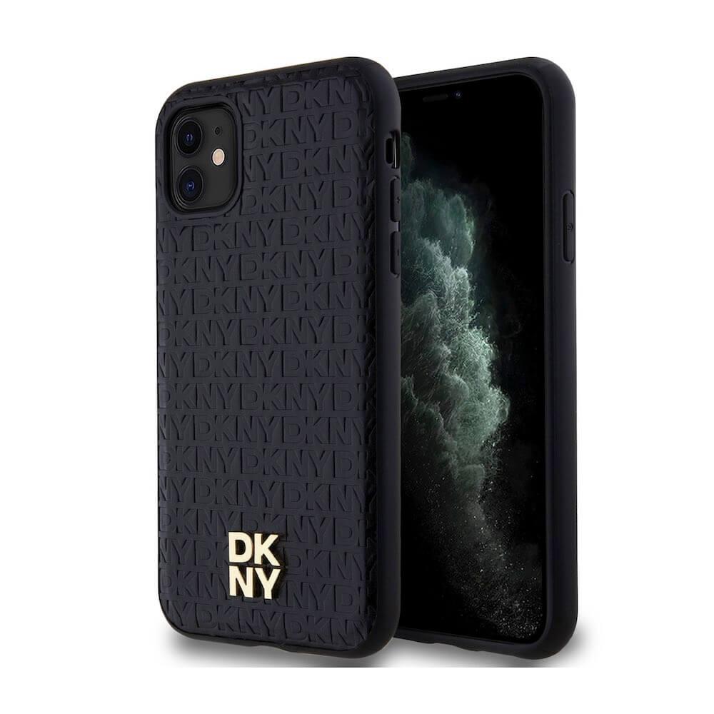 DKNY Repeat Pattern Stack Logo MagSafe Leather Hard Case - дизайнерски кожен кейс с MagSafe за iPhone 11 (черен)