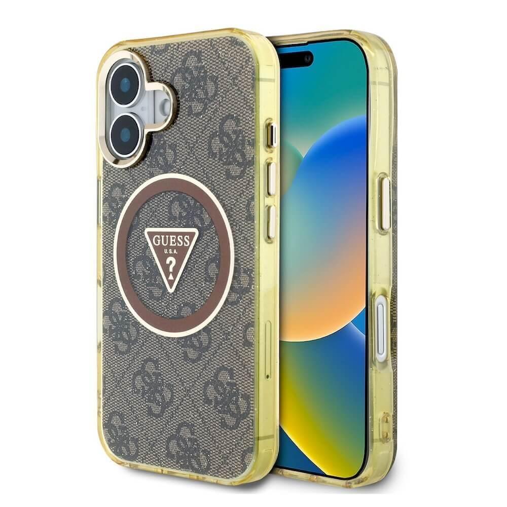 Хибриден удароустойчив кейс с MagSafe за iPhone 16 - Guess IML 4G Glitter And Triangle Logo MagSafe Case (кафяв-жълт) | JAR Computers Хибриден удароустойчив кейс с MagSafe за iPhone 16 - Guess IML 4G Glitter And Triangle Logo MagSafe Case (кафяв-жълт)