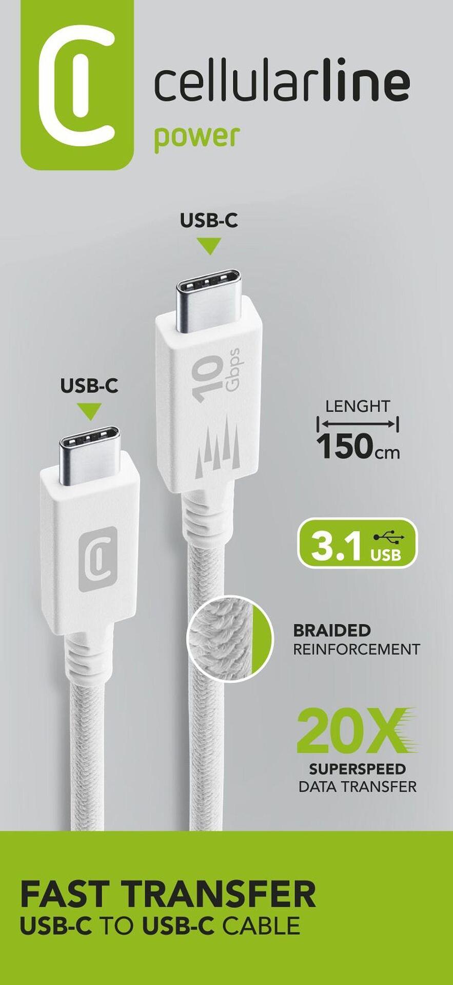 Кабел USB-C to USB-C 3.1, бърз пренос на данни 10Gbps, 5A, 1м бял