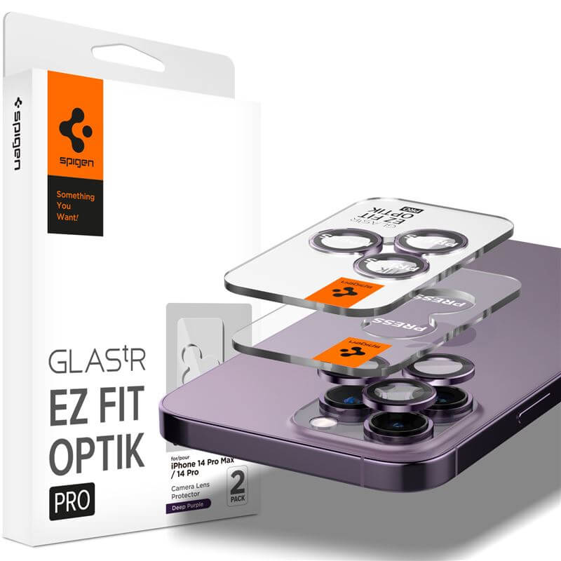 Spigen Optik Pro tR Ez Fit Lens Protector 2 Pack - 2 комплекта предпазни стъклени лещи за камерата на iPhone 14 Pro, iPhone 14 Pro Max (лилав)