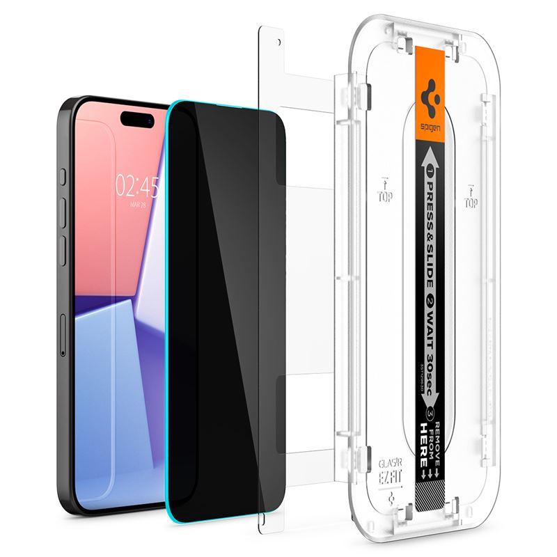 Стъклено защитно покритие с определен ъгъл на виждане за дисплея за iPhone 15 Plus - Spigen Glas.Tr Ez Fit Privacy Tempered Glass | JAR Computers Стъклено защитно покритие с определен ъгъл на виждане за дисплея за iPhone 15 Plus - Spigen Glas.Tr Ez Fit Privacy Tempered Glass